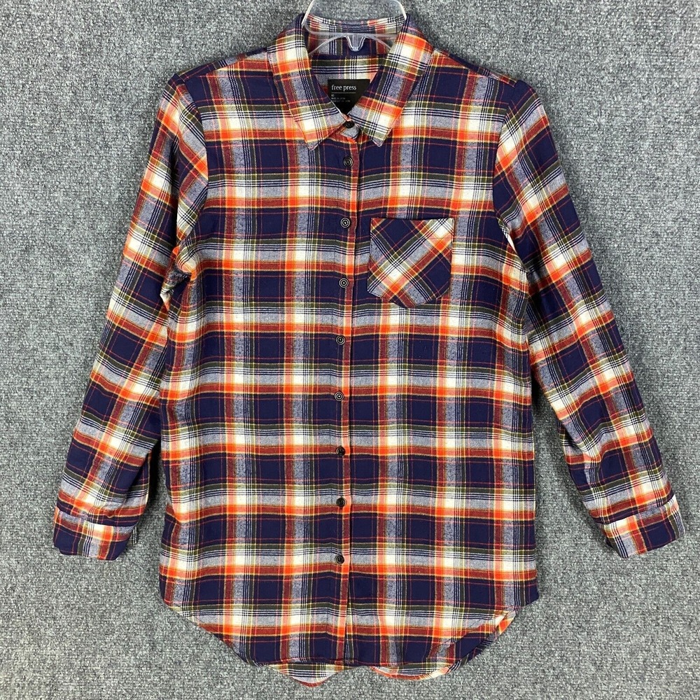 Free Press Button Up Top Women's XS‎ Plaid Long Sleeve Cotton Blend Extra Small